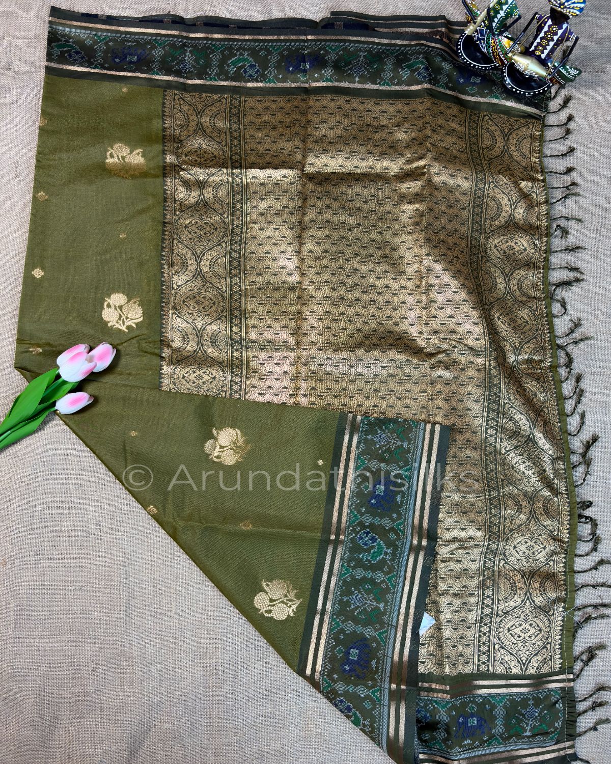 Art Silk Saree with Jacquard Weaving and Pochampally-Inspired Border - Olive Sage