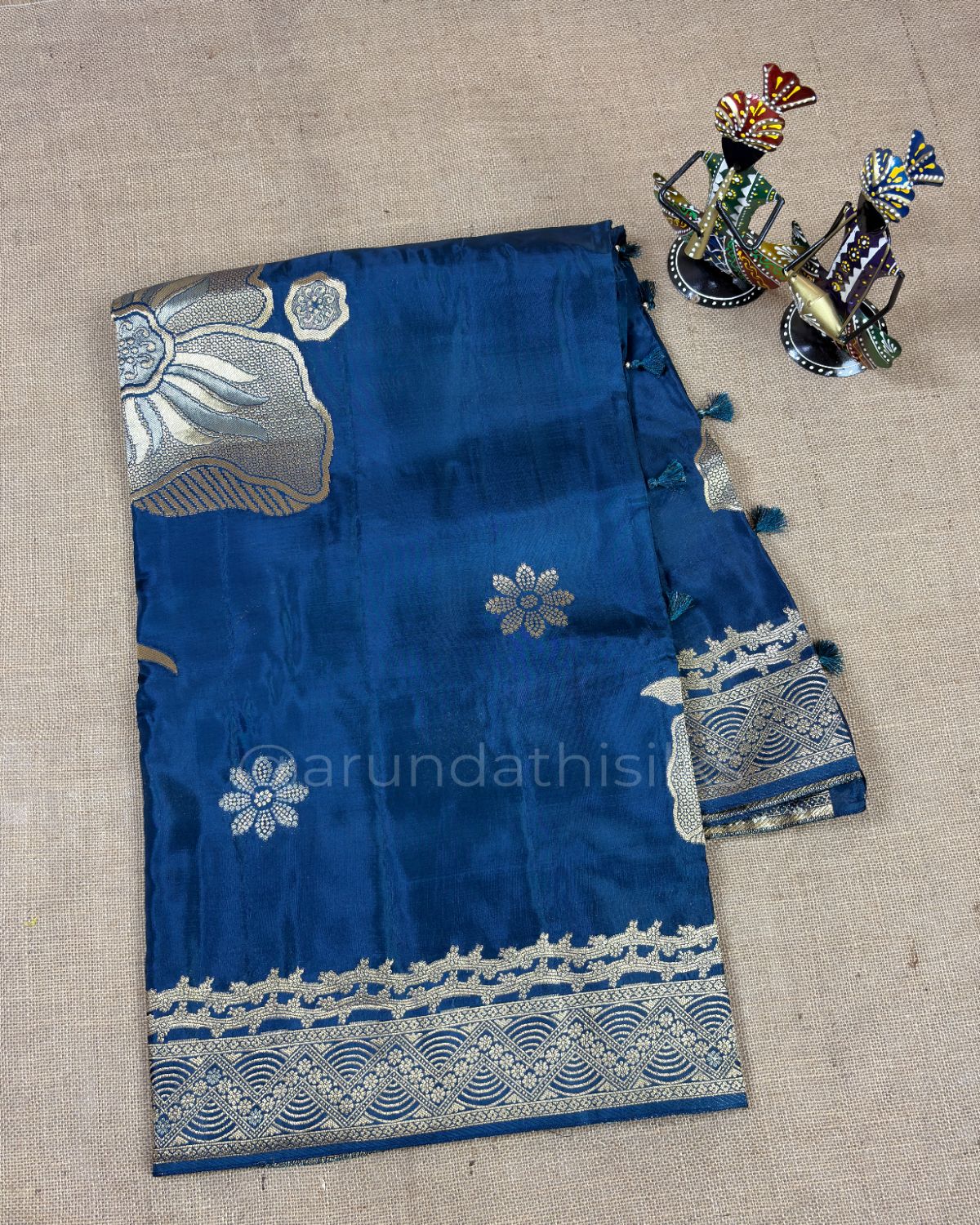 Pure Mashru Silk Saree with All-Over Floral Weaving - Navy Blue