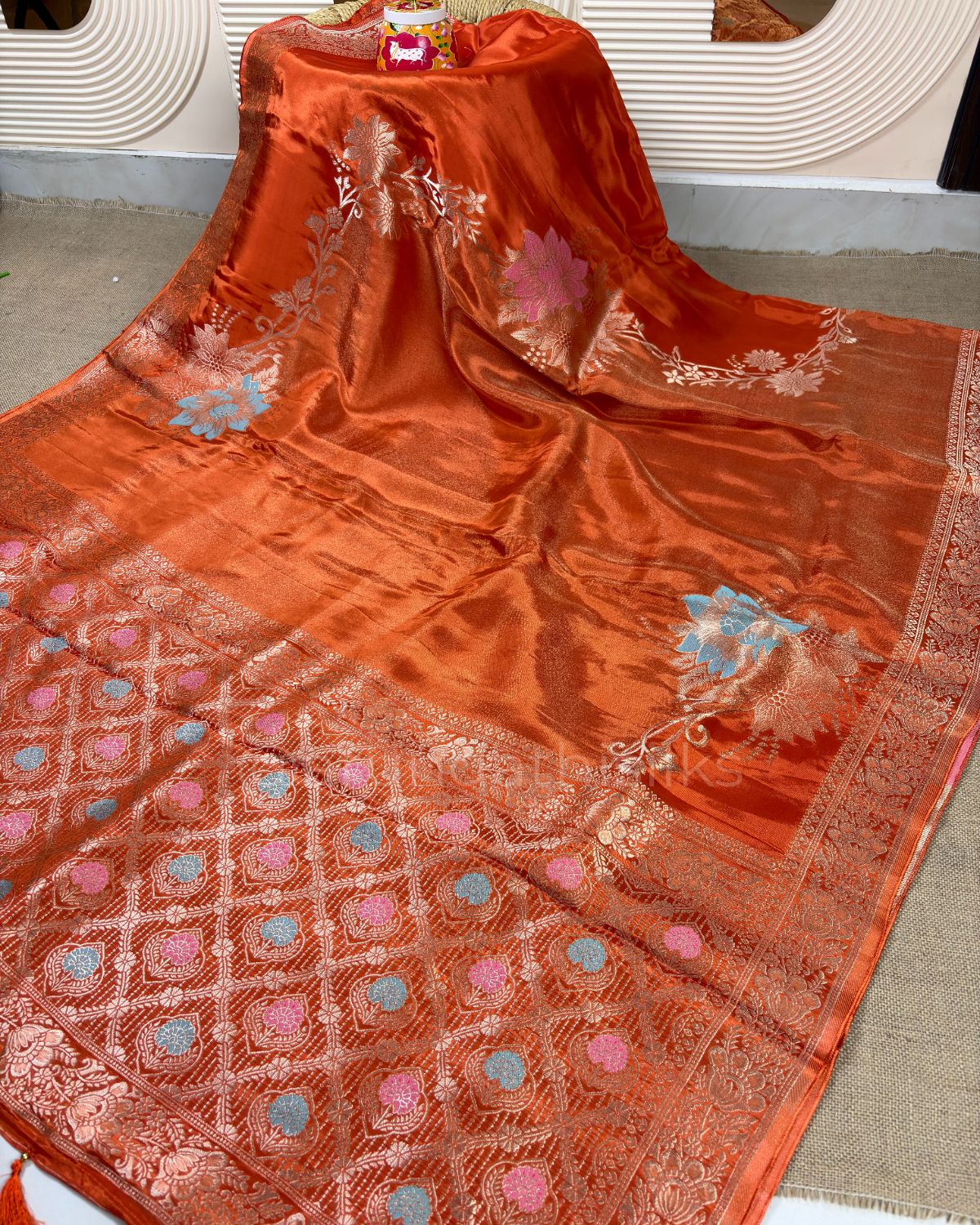 Tissue Mashru Silk Designer Saree with Rich Woven Border - Orange