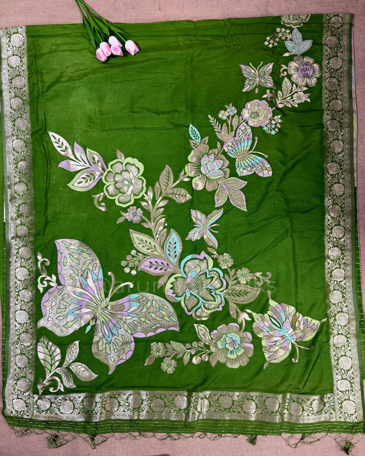 Banarasi Silk Saree with All-Over Butterfly Weaving - Green