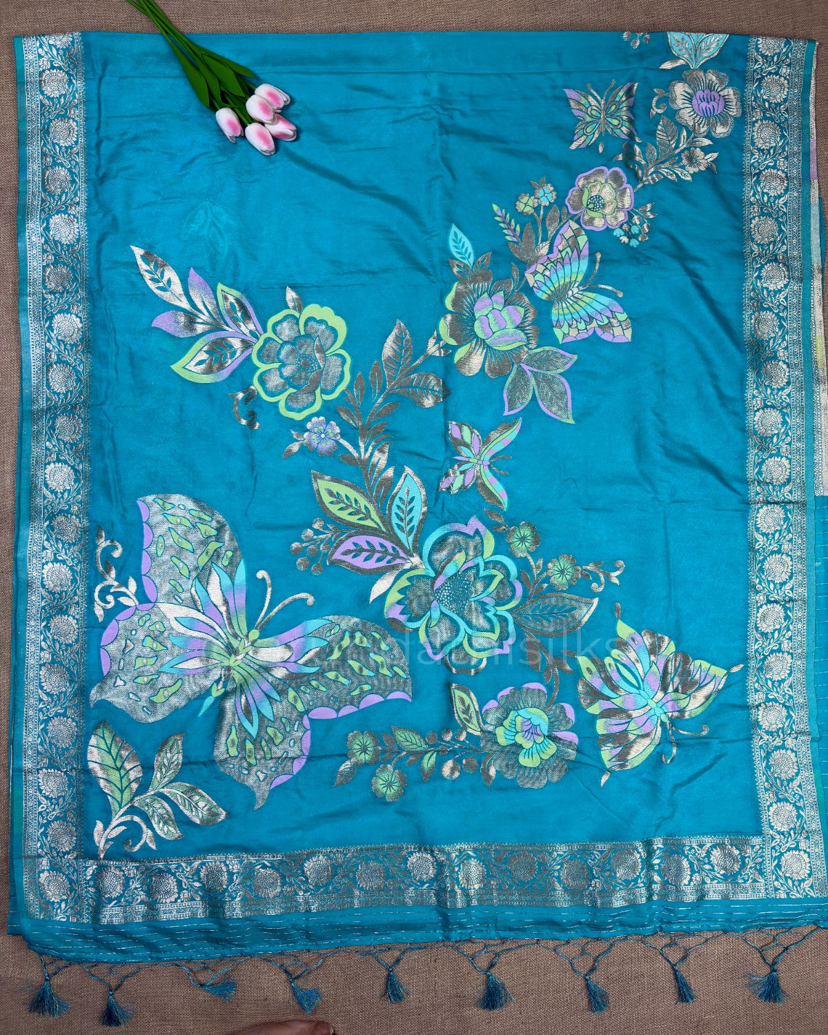 Banarasi Silk Saree with All-Over Butterfly Weaving - Indigo Blue