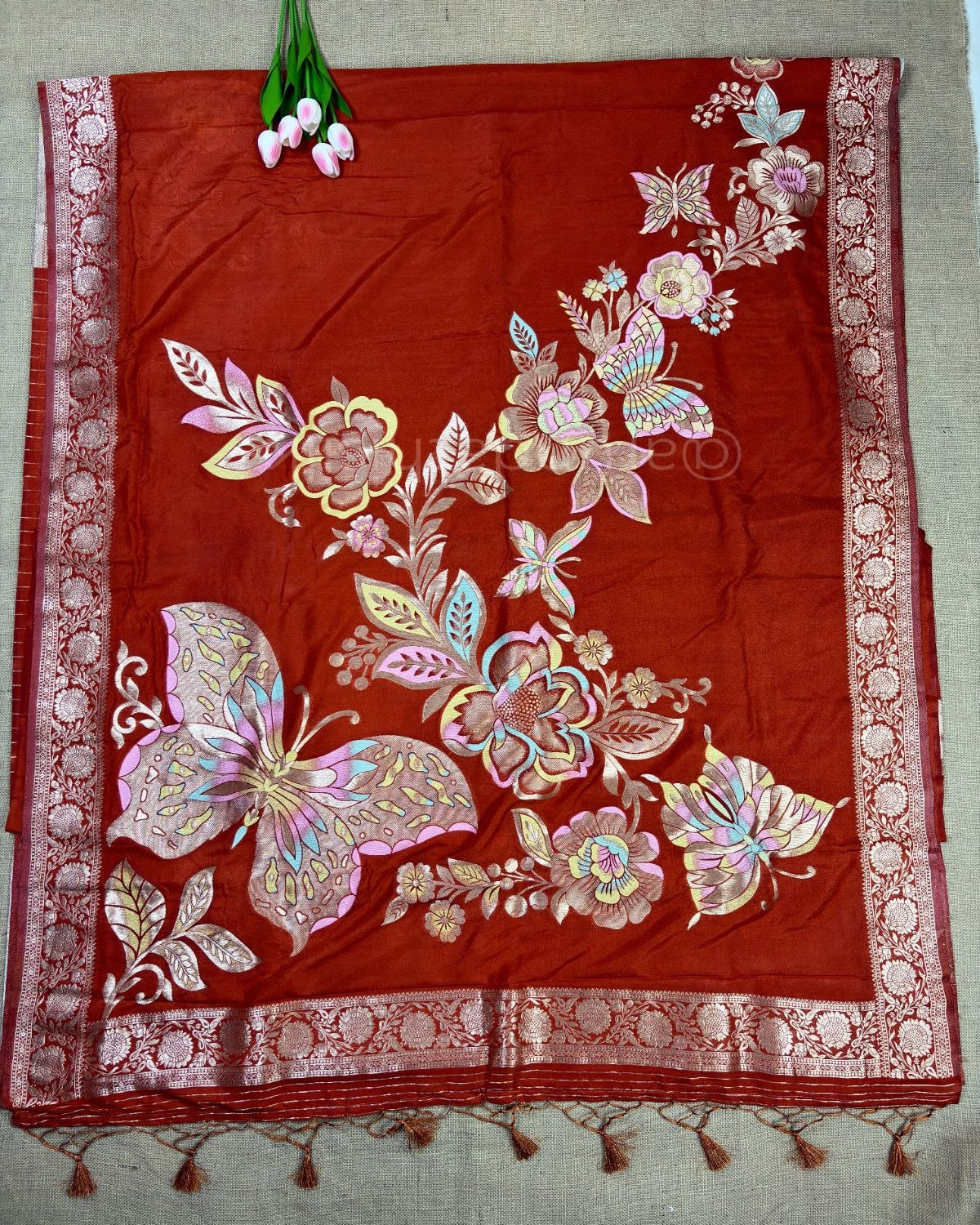 Banarasi Silk Saree with All-Over Butterfly Weaving - Orange
