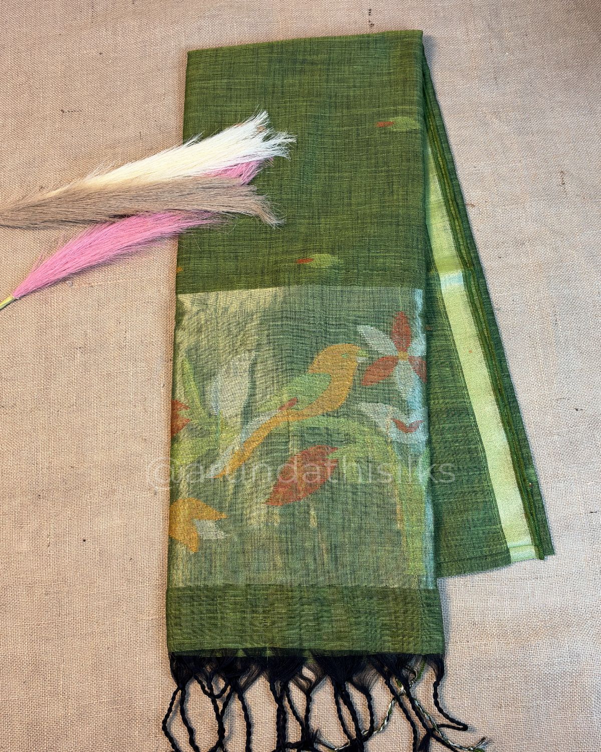 Linen Saree with Paithani Zari Weaving and Locked Border - Olive Green