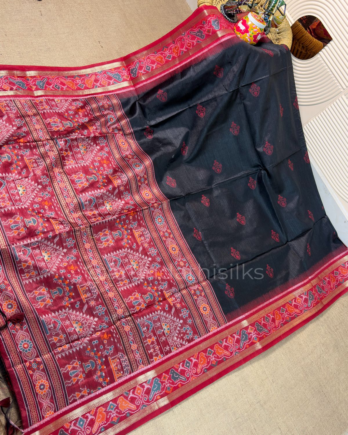 Tussar Silk Saree with Patola Border - Black