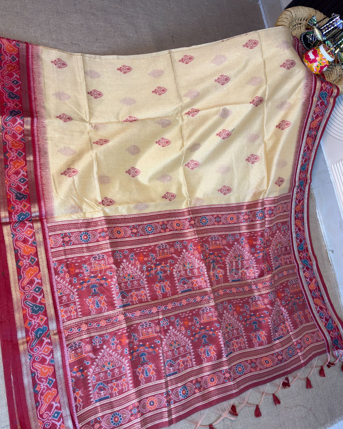 Tussar Silk Saree with Patola Border - Cream