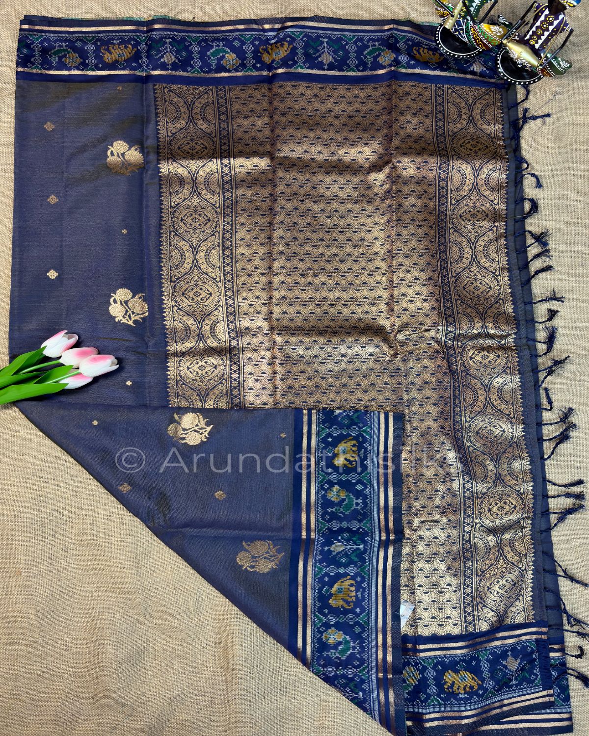 Art Silk Saree with Jacquard Weaving and Pochampally - Midnight Navy Blue