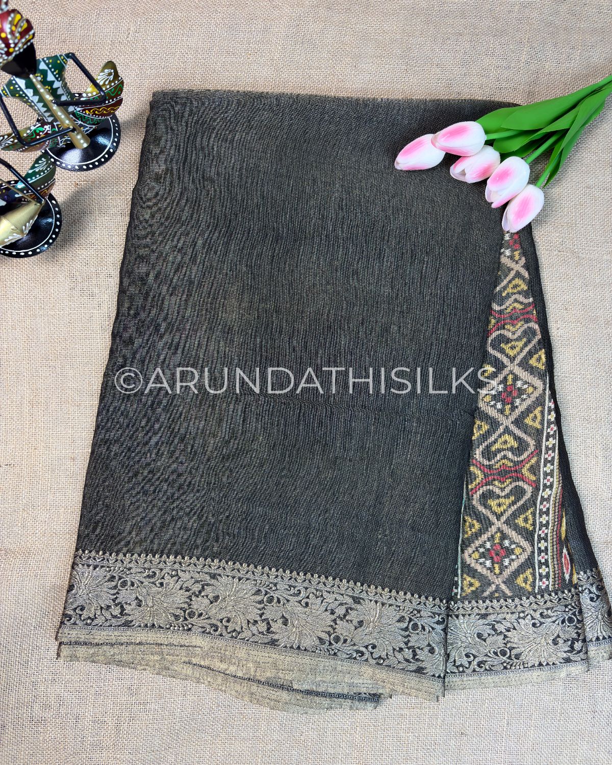 Designer Tissue Silk Saree with Heritage Woven Border - Grey