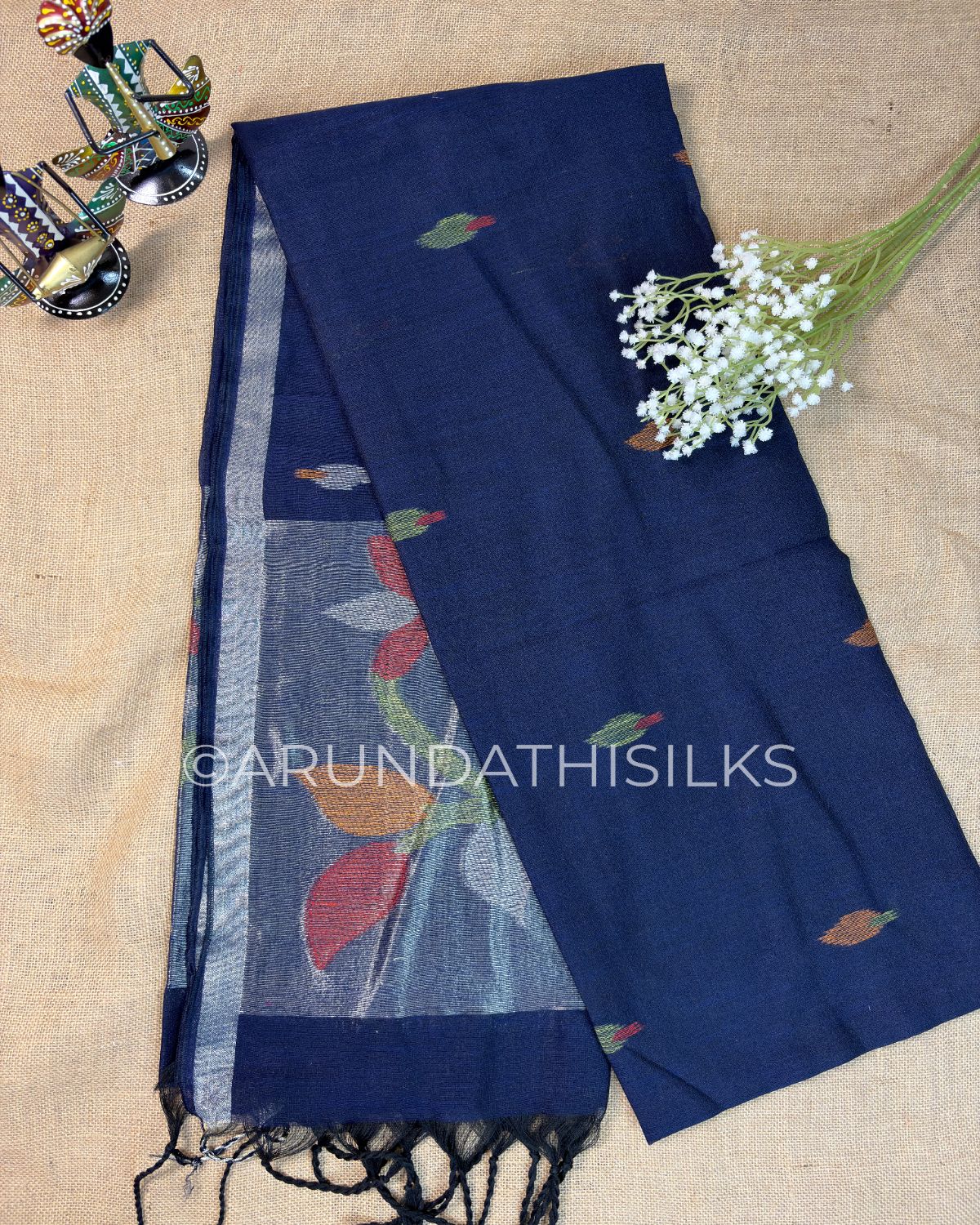 Linen Saree with Paithani Zari Weaving and Locked Border - Navy Blue