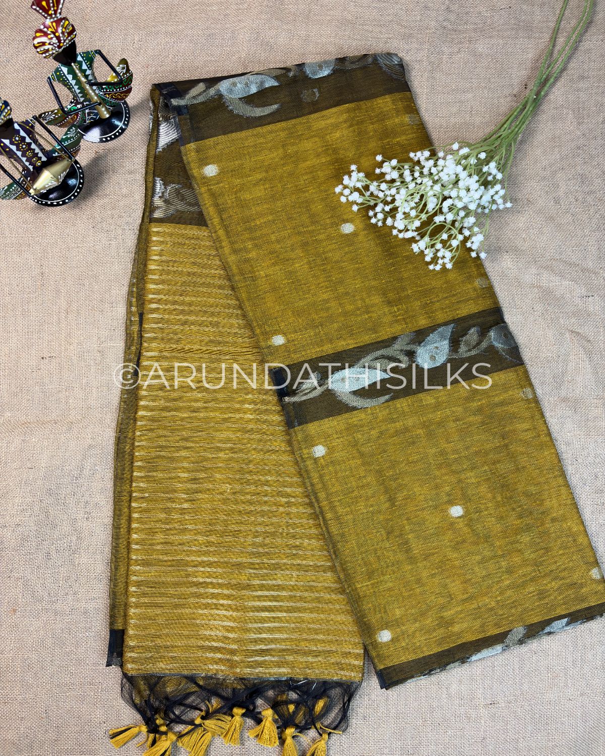 Designer Linen Saree with Floral Woven Pallu and Contemporary Border - Yellow