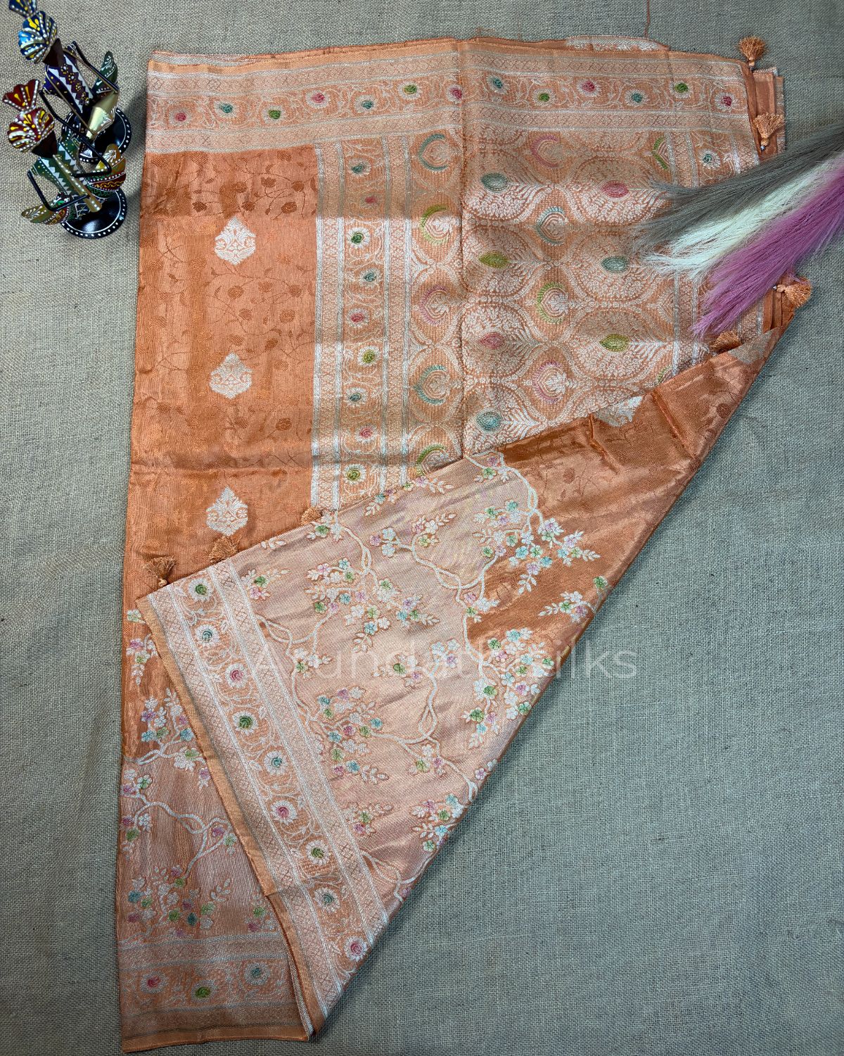 Pastel Banarasi Silk Saree with Floral Woven Pallu - Peach Gold