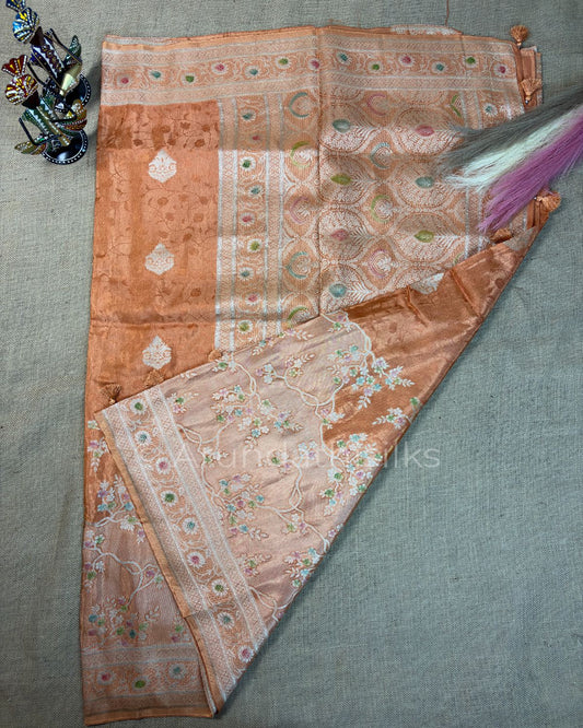 Pastel Banarasi Silk Saree with Floral Woven Pallu - Peach Gold
