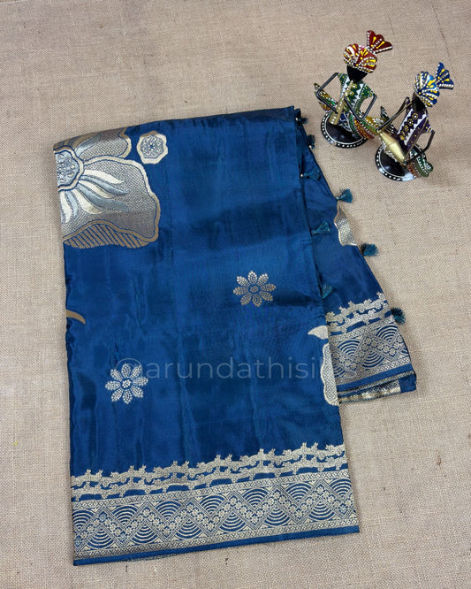 Pure Mashru Silk Saree with All-Over Floral Weaving - Navy Blue