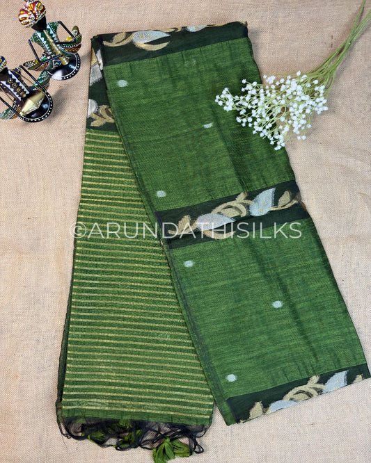 Designer Linen Saree with Floral Woven Pallu and Contemporary Border - Green