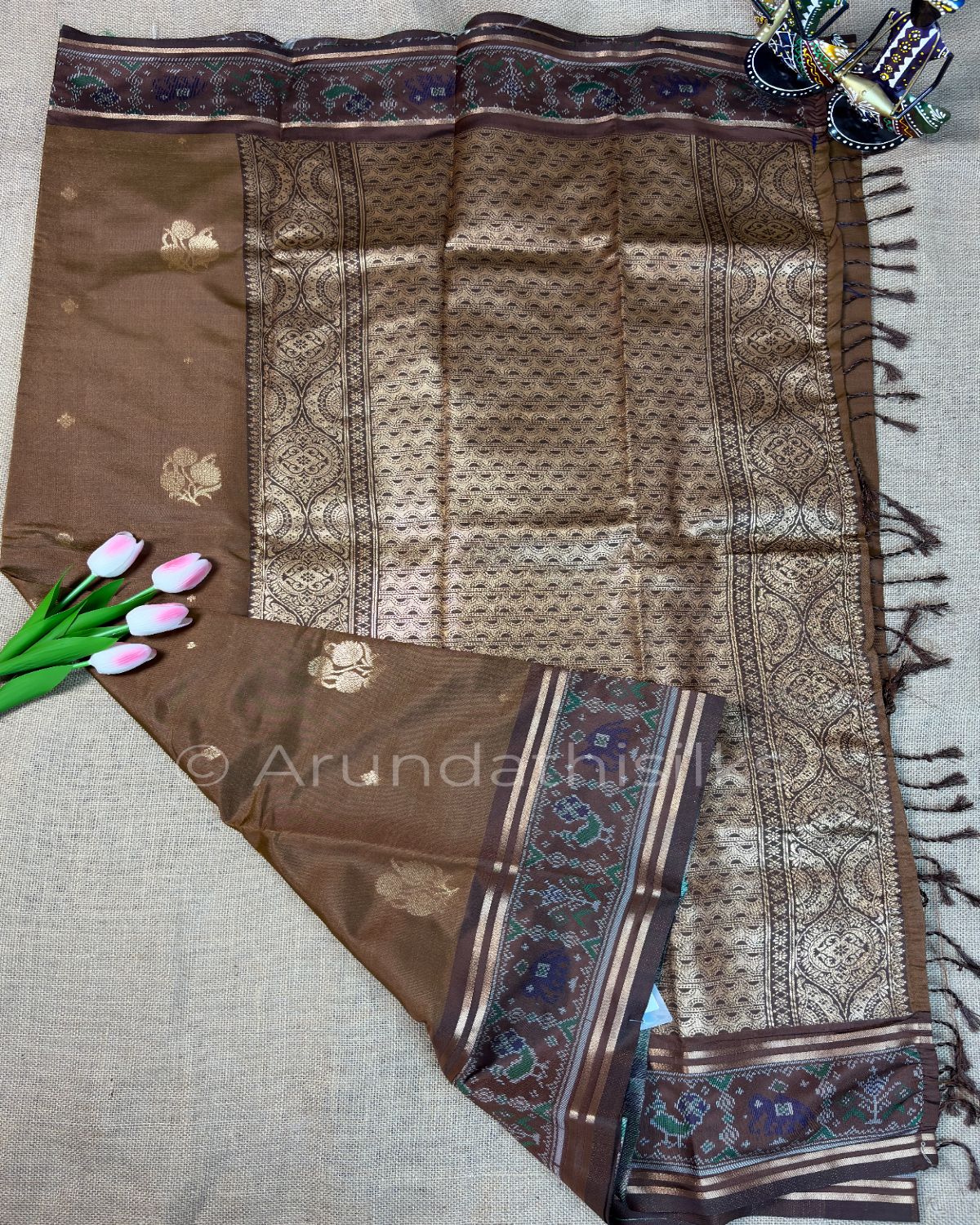 Art Silk Saree with Jacquard Weaving and Pochampally-Inspired Border - Cocoa Brown