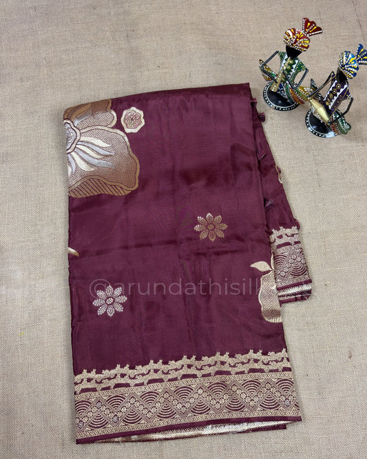 Pure Mashru Silk Saree with All-Over Floral Weaving - Dark Wine