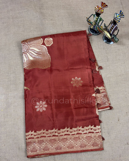 Pure Mashru Silk Saree with All-Over Floral Weaving - Rust Orange