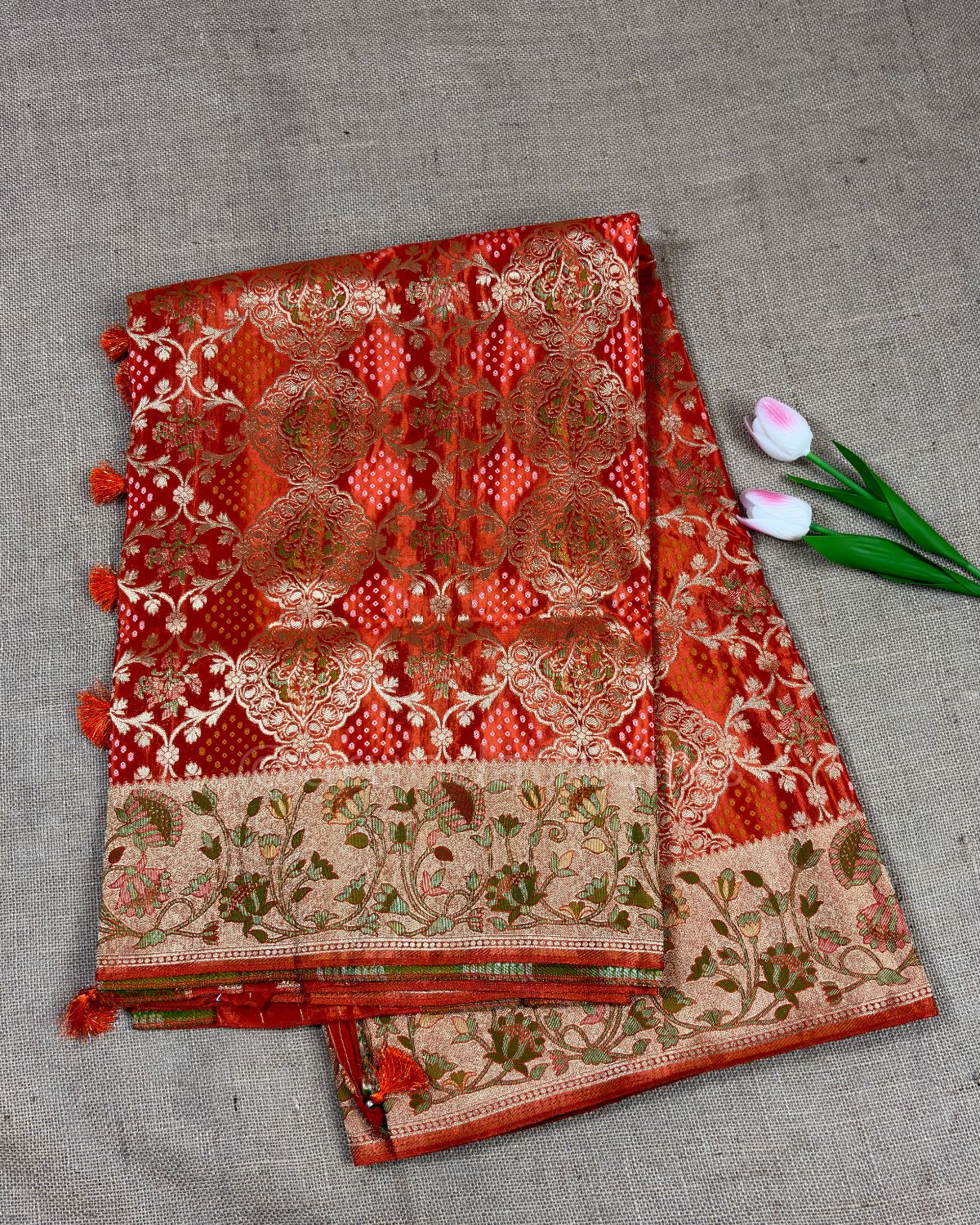 Royal Banarasi Silk Saree with Floral Border and Rich Pallu - Orange