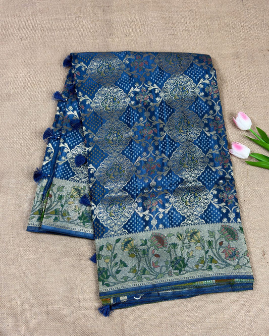 Royal Banarasi Silk Saree with Floral Border and Rich Pallu - Blue