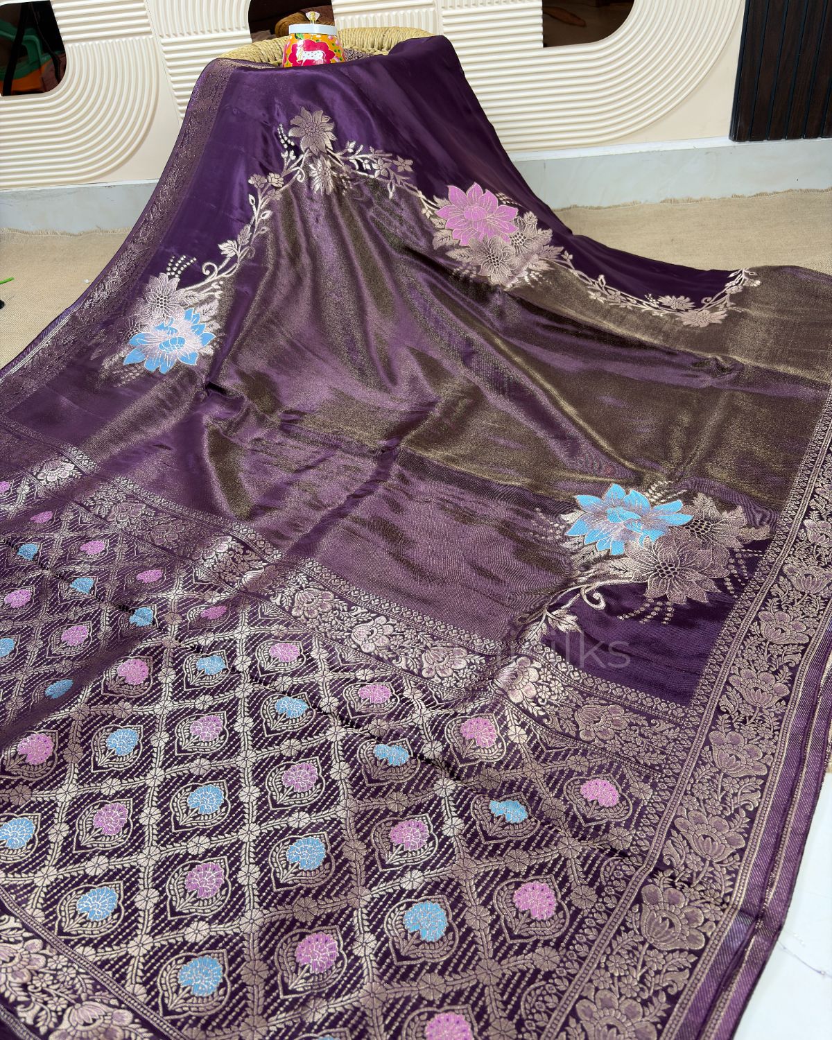 Tissue Mashru Silk Designer Saree with Rich Woven Border - Wine