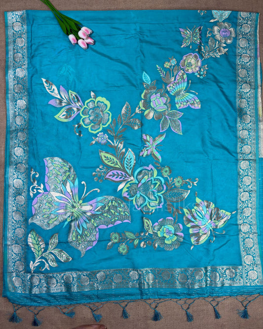 Banarasi Silk Saree with All-Over Butterfly Weaving - Indigo Blue