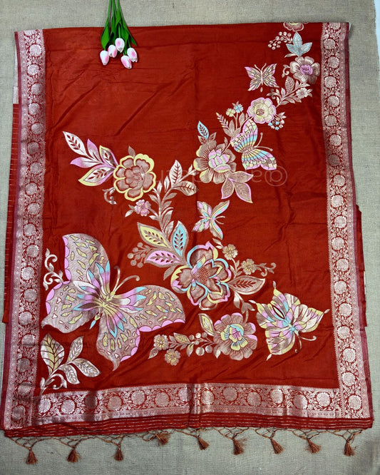 Banarasi Silk Saree with All-Over Butterfly Weaving - Orange