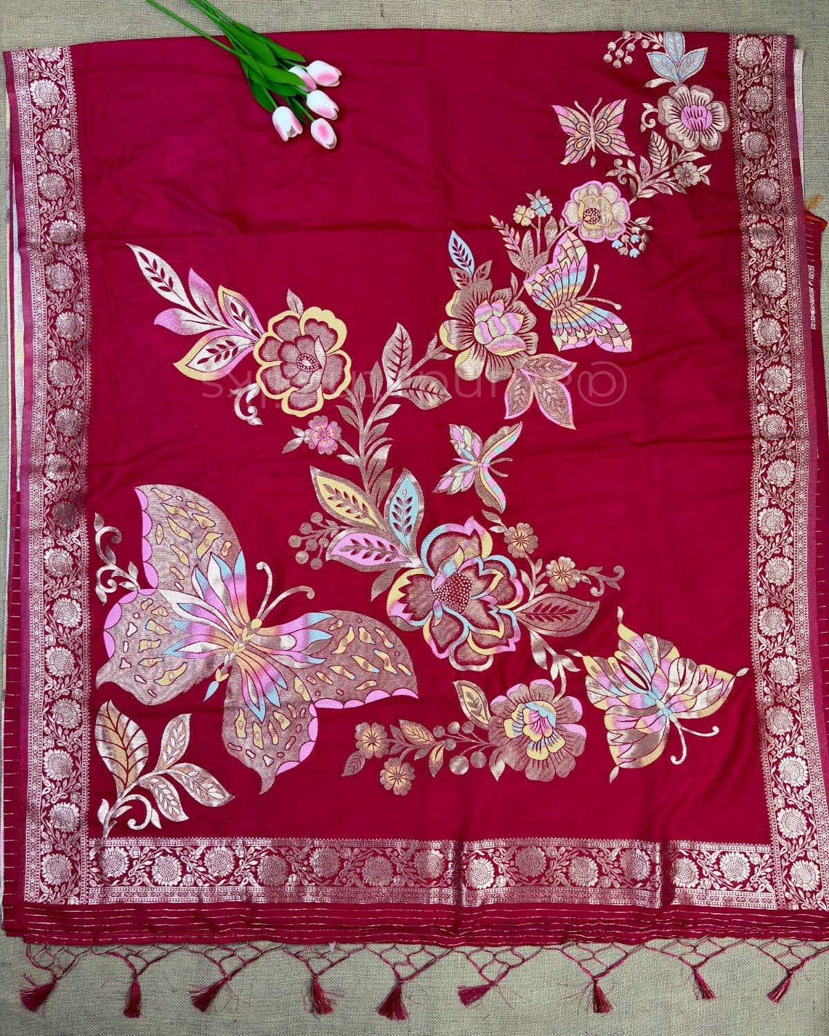 Banarasi Silk Saree with All-Over Butterfly Weaving - Pink