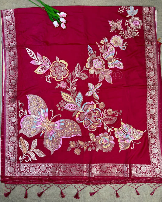 Banarasi Silk Saree with All-Over Butterfly Weaving - Pink