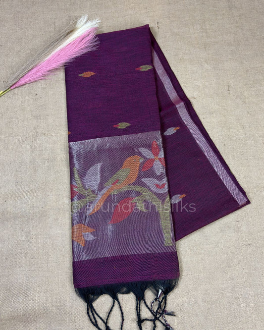 Linen Saree with Paithani Zari Weaving and Locked Border - Wine