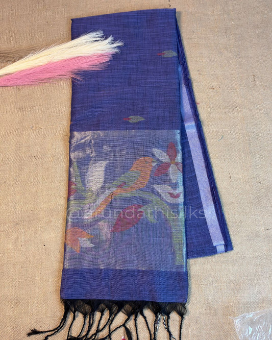 Linen Saree with Paithani Zari Weaving and Locked Border - Blue