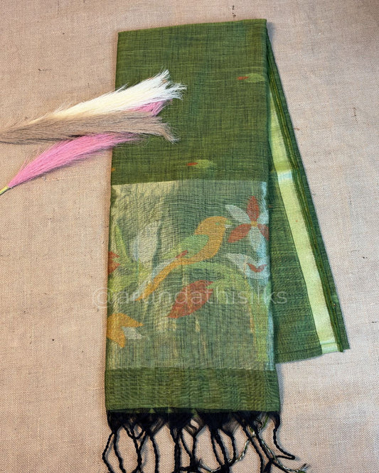 Linen Saree with Paithani Zari Weaving and Locked Border - Olive Green