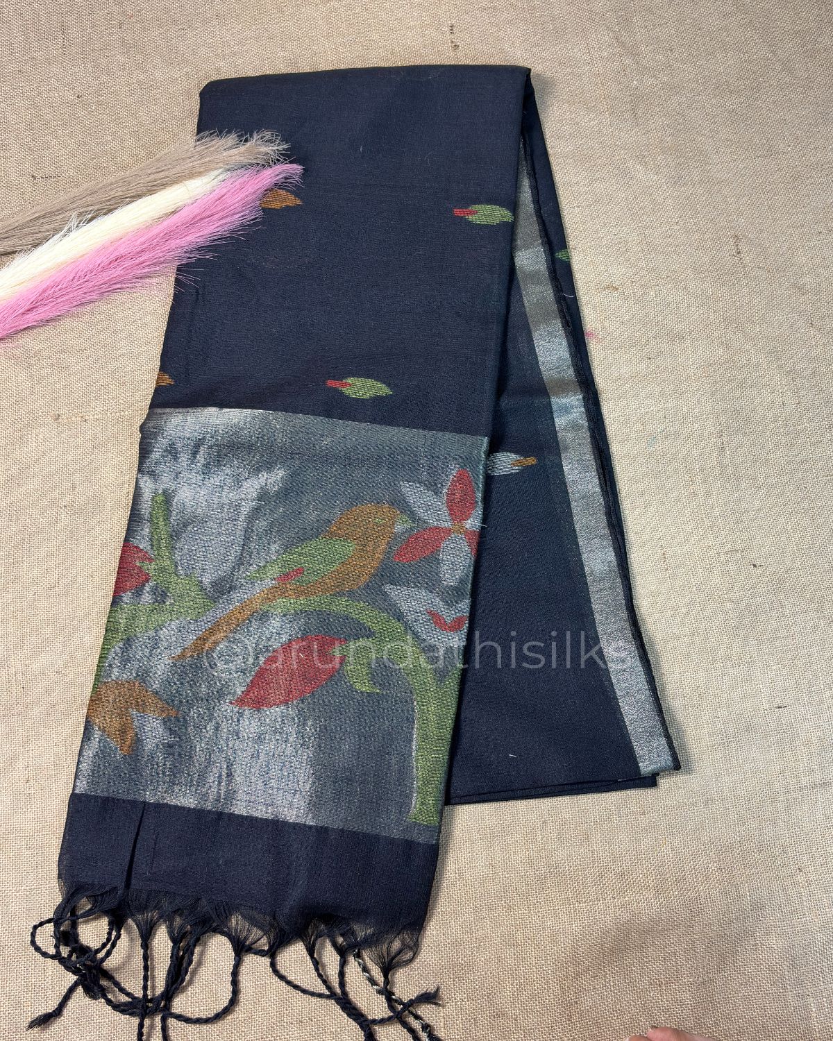 Linen Saree with Paithani Zari Weaving and Locked Border - Black