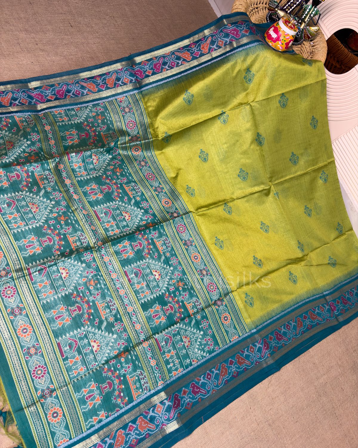 Tussar Silk Saree with Patola Border - Lemon Green