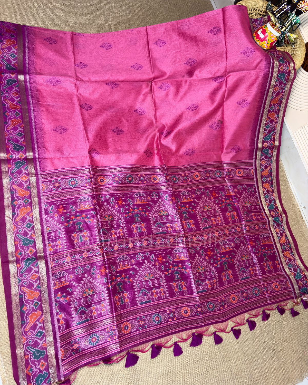 Tussar Silk Saree with Patola Border - Peach