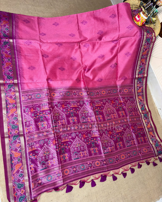 Tussar Silk Saree with Patola Border - Peach