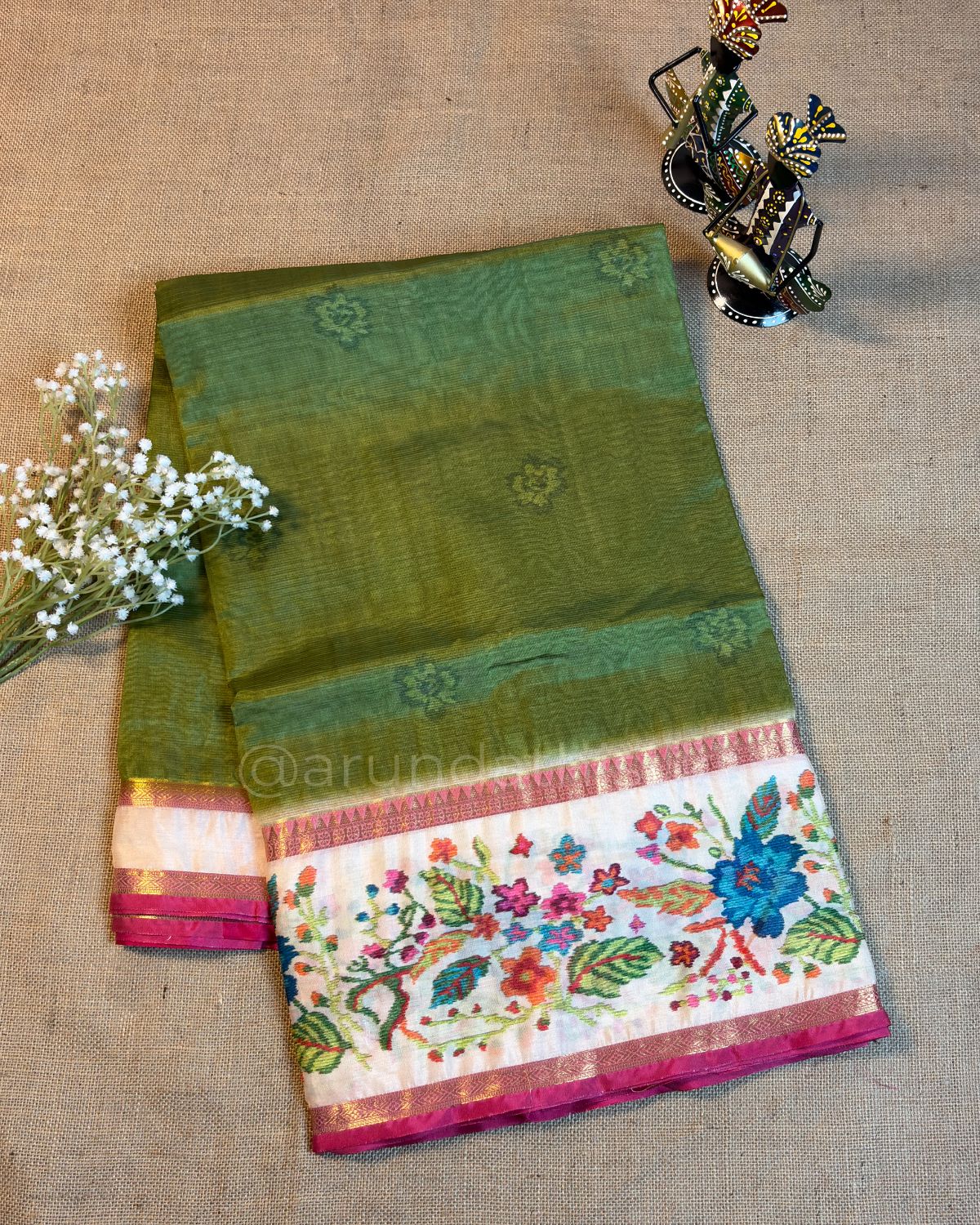 Lightweight Organza Saree with Kanchi Rich Pallu - Olive Green