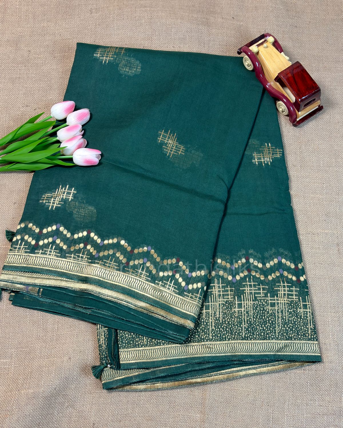 Banarasi Georgette Saree with Self Zari Weaving Border - Bottle Green