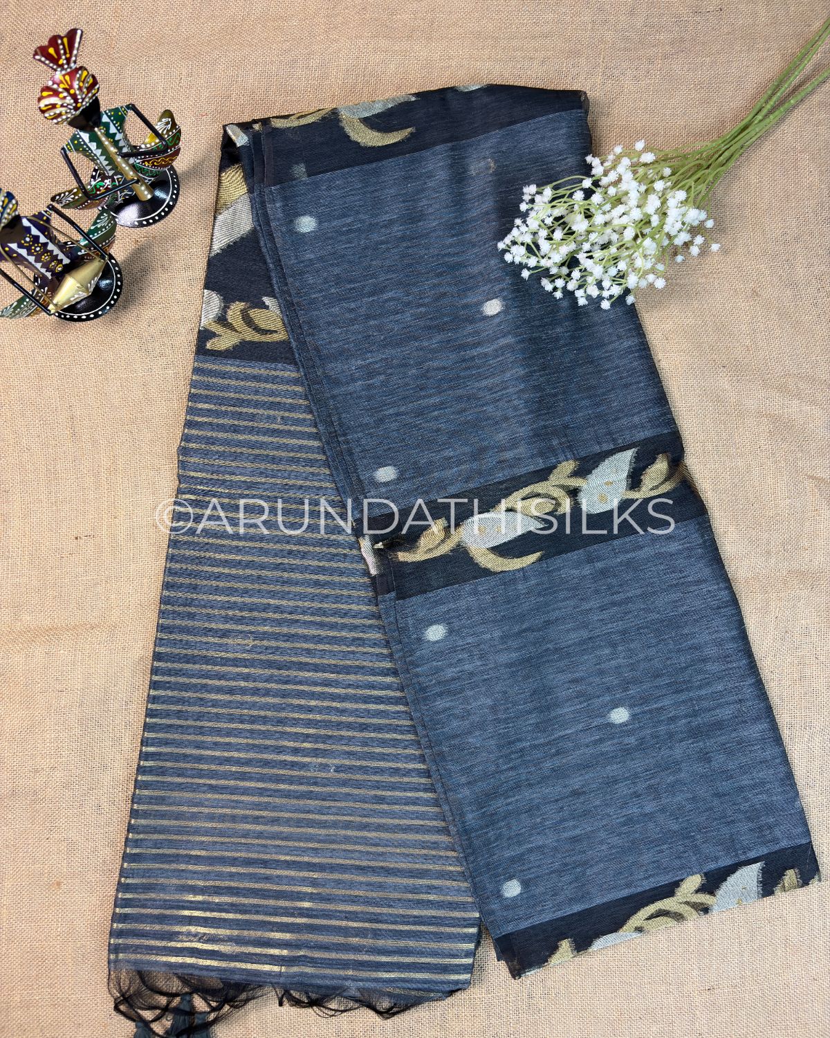 Designer Linen Saree with Floral Woven Pallu and Contemporary Border - Slate Blue