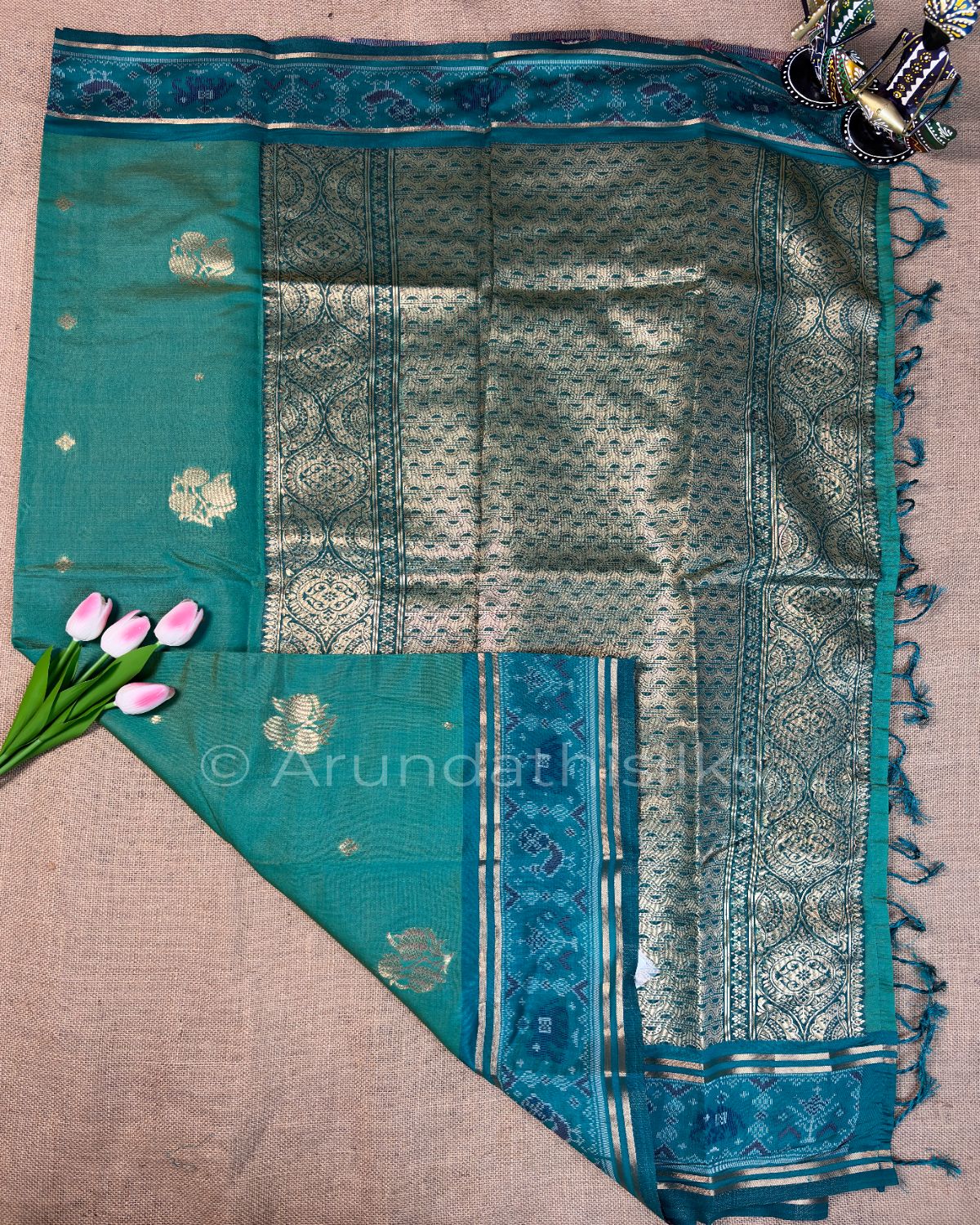 Art Silk Saree with Jacquard Weaving and Pochampally-Inspired Border - Teal Peacock Green