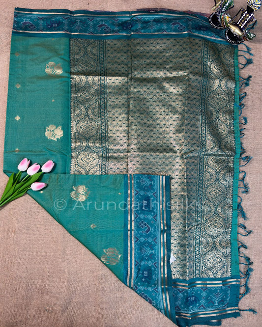 Art Silk Saree with Jacquard Weaving and Pochampally-Inspired Border - Teal Peacock Green