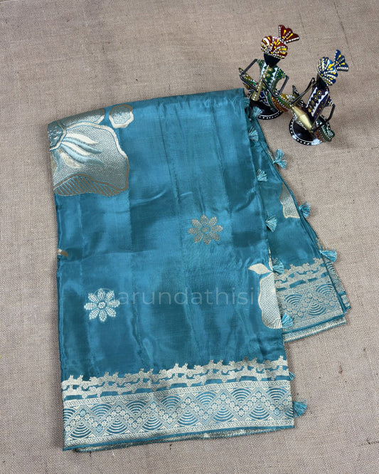 Pure Mashru Silk Saree with All-Over Floral Weaving - Steel Blue