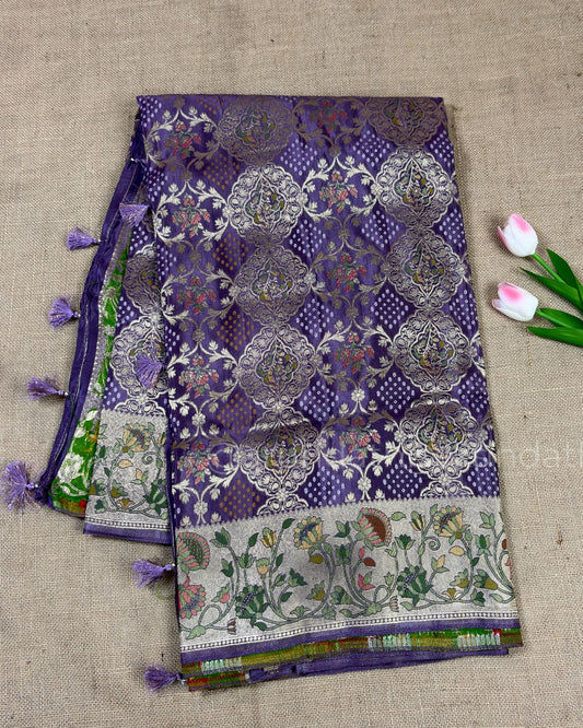 Royal Banarasi Silk Saree with Floral Border and Rich Pallu - Purple